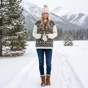 Vintage  hand knit rolled neck fair isle sweater ivory